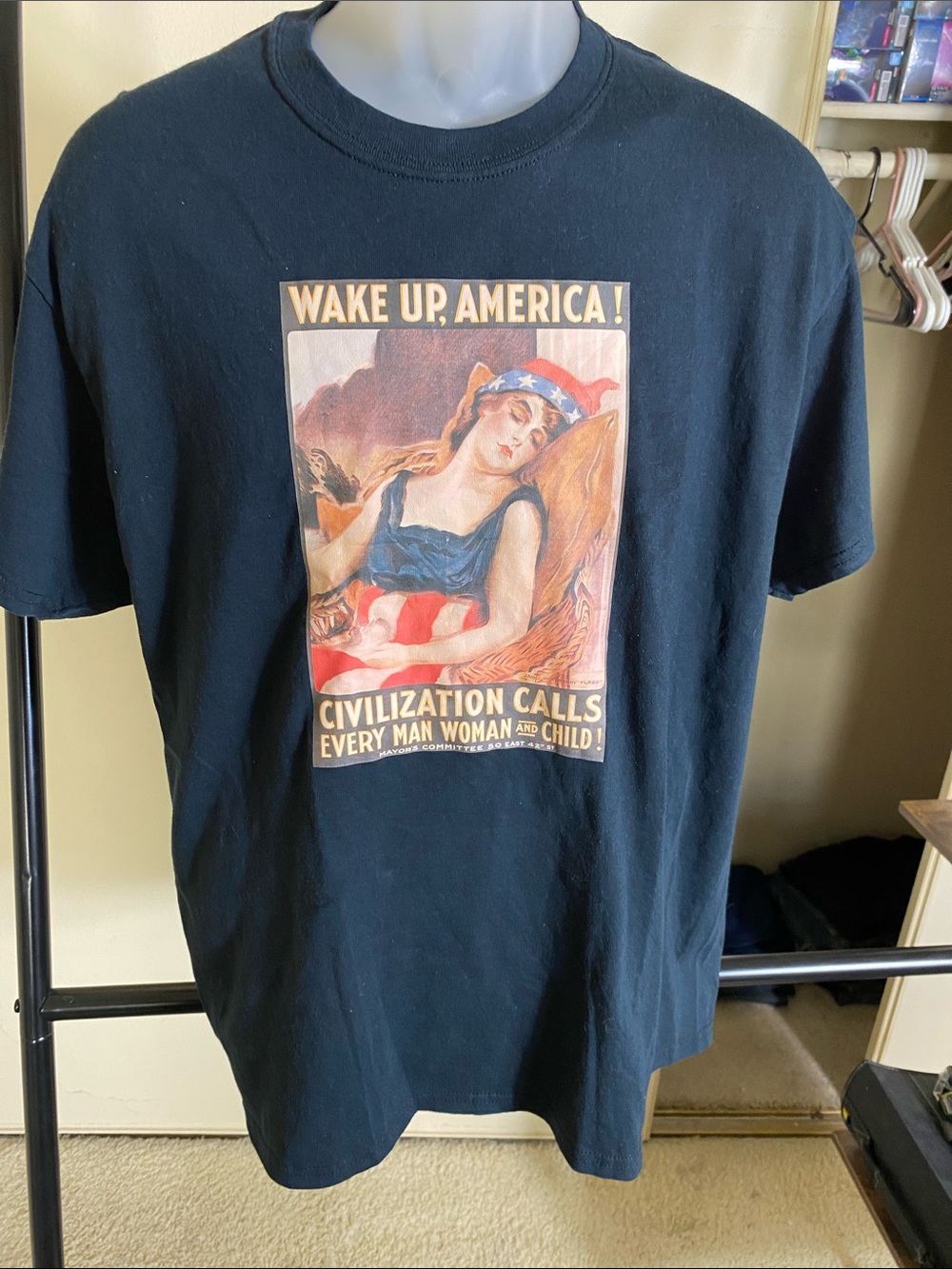 Gildan Black Short Sleeve Tee with Patriotic 'Wake Up America' Graphic